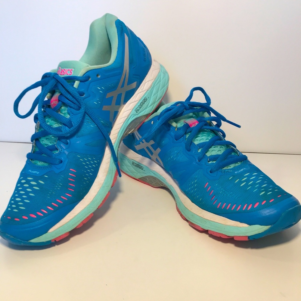 ASICS Gel Kayano 24 Nike Running Shoe Sneaker Teal and Pink Sz 9